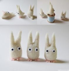 four different shots of stuffed animals with their heads turned to look like rabbits