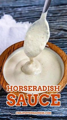 horseradish sauce in a wooden bowl with a spoon