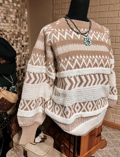 Crew neckline Aztec pattern knitted women's sweater Raglan Style Pullover style Balloon long-sleeve ribbed hem Relaxed fit runs true to size- slight oversized fit Aztec Sweater, Romper And Jacket, Aztec Pattern, Top Graphic Tees, Fall Winter Outfits, Pullover Styling, Crew Neckline, Women's Sweater