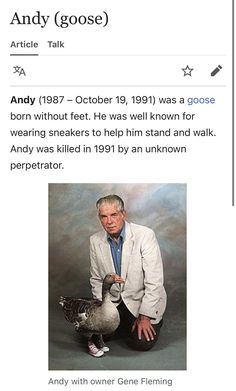 an old man is holding a goose in his hand and the caption says, andy goes