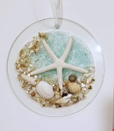 a starfish and sea shells in a glass dish