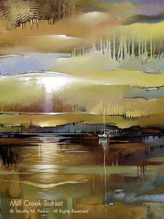 an abstract painting of boats on the water at sunset with oranges and yellows