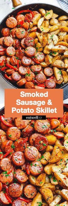 smoked sausage and potato skillet with text overlay