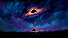 a painting of a black hole in the sky with stars and clouds above it is a lone tree