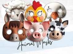 five farm animal masks with different facial expressions on them and the words, fowl masks