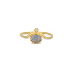 Gold & Stone Ring - This delicate 18k gold ring features a dark opal displaying splendid, shifting colors. Atop the crown sits a clear and bright diamond measuring 0.02tcw. Stack this ring or wear it soloits sure to become a favorite any way you wear it! Available in a size 6.5 Pearl And Opal Ring, Gold Stone Ring, Opal Crown, Wishbone Ring, Ring Inspo, Organic Ring, Crown Ring, Artful Home, 18k Gold Ring