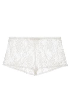 These flirty and modern shorties feature the exquisite floral French lace from our Swan Queen collection. Cut in a flattering mid-rise silhouette with intricate lace flowers that blossom across the body. Finished with a soft organza ruffle stretch waist for comfort and French lace trimmed legs. Available in Ivory and Black. True to size. Handmade in the USA. Lace Boxers, Lace Blindfold, Festival Fits, White Lace Shorts, Swan Queen, Honeymoon Outfits, Alencon Lace, Fashion Face Mask, Lingerie Accessories