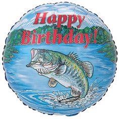 a happy birthday balloon with a large fish in the water on it's side