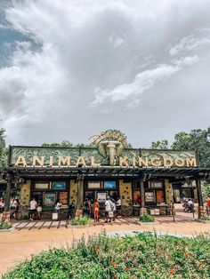 people are standing in front of an animal kingdom building with animals on it's roof