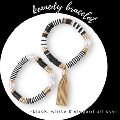 Beautiful Black, White, And Matte Gold Bracelet Set With Pearl Accents And Chain Tassel. 7" Elastic. Heishi Jewelry, Plunder Jewelry, Plunder Design, Gold Bracelet Set, Jewelry Men, Matte Gold, Womens Jewelry Bracelets, Bracelet Set, Mens Jewelry