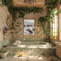 Early morning bird sighting on Lake Como, Italy.  ➤ This is a color photo of Lake Como in Italy, featuring birds and boats.  ➤ The photograph captures an almost ethereal and dreamlike quality offered only on misty days over Lake Como. Garden Theme Bathroom, Bathroom With Character, Fairycore Interior Design, Cozy Shower Aesthetic, Whimsical Bathrooms, Green Bathroom Vintage, Bright Bathrooms, Bathroom Cottagecore, Nature Bathroom