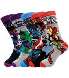 PRICES MAY VARY. 5 pack comfortable funny socks are consist of 68% acrylic, 30% polyester and 2% spandex. fit sizes 9-12. These funny crazy character patterns dress socks are suitable for men which are great elasticity, soft,breathable and comfortable. 5 Pairs funky graphic socks with different color and design which are perfect for groomsmen. These funny character crew socks are great choice for gifts giving on Christmas, Birthday,Father's day ,Thanksgiving, Valentine’s Day, etc. {SATISFACTION Superman Socks, Superhero Socks, Funny Superhero, Superhero Dress, Disney Socks, Groomsmen Socks, Classic Cartoon Characters, Mens Crew Socks, Superhero Characters