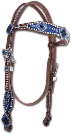 a blue and white horse bridle with beads on the sides, and a silver buckle