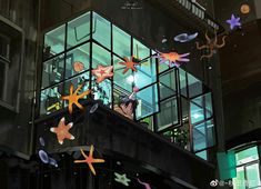 an anime scene with stars and fish floating in the air above a building at night