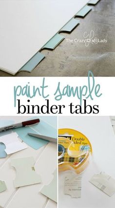 some paper and scissors on top of a table with paint sample binder tabs