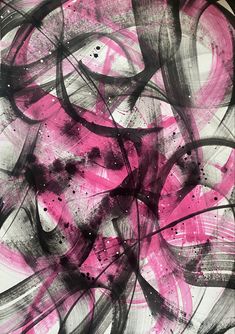 an abstract painting with black and pink colors