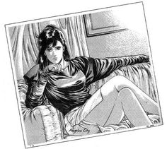 a black and white drawing of a woman sitting on a couch