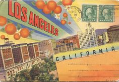 an old postcard from the 1950's features oranges and buildings in los angeles