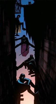 the shadow of two people standing in an alley way at night, with one person reaching for something