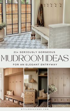 there is a collage of photos with the words mudroom ideas for an elegant entryway