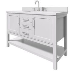 a white double sink vanity with two faucets