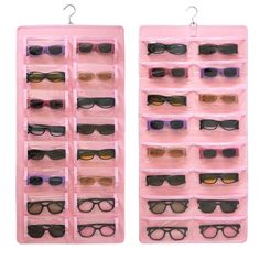 two pairs of glasses are shown in the pink display case, which is filled with multiple pairs of sunglasses