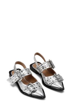 Silver Silver Metallic Feminine Buckle Ballerinas | GANNI US Mary Jane Shoes, Silver Low Heels, Zapatos Mary Jane, Slingback Flats, Elegant Shoes, Classic Pumps, Silver Heels, Silver Shoes, Pumps Flat