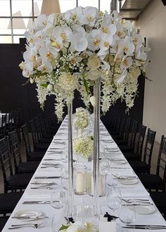 a long table is set with white flowers and place settings