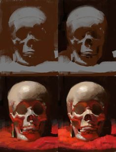 three skulls with different facial expressions are shown in two separate images, one is white and the other is red