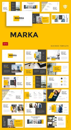 a yellow and black presentation board with the words marka written in white on it