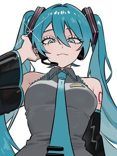 an anime character with blue hair and black gloves