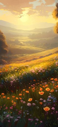 a painting of flowers in a field with the sun setting behind it and trees on the other side