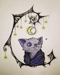 a drawing of a cat with the moon and stars in the sky above it's head