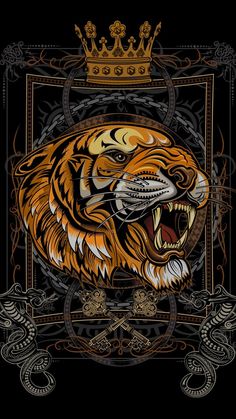 a tiger with a crown on it's head and an ornate frame in the background