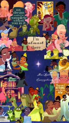 the princess and the frog movie poster with all their characters in different poses, from left to right