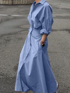 2023 Fashion Female A Line Robe Solid Lapel Vestidos Women Casual Long Sleeve Dresses Elegant Maxi Shirt Dress Oversized Item Type:DressMaterial:95% Polyester+5% SpandexColors:Blue,Khaki,BlackPackage include:1 DressCutting:FittingLength:Maxi LengthCollar:Turn-Down-CollarSleeve Style:RegularSleeve Length:Full SleeveClosure Type:ButtonsFeatures:Side PocketsPattern:SolidThickness:StandardStyle:Casual,Street Fashion,PreppySeason:Spring,AutumnOccasion:Daily,Party,Office,Holiday,Casual,Wedding,Busines Casual Long Sleeve Dresses, Shirt Dress Maxi, Loose Cotton Pants, Oversized Shirt Dress, Maxi Shirts, Long Sleeve Dresses, Office Holiday, Long Sleeve Casual Dress, Linen Casual