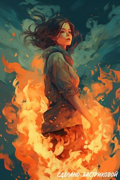 a woman standing in front of a fire with her hair flying through the air,