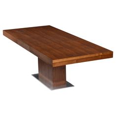 a wooden table with metal legs on a white background