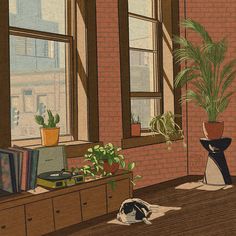 a drawing of a living room with plants and books on the floor, in front of a brick wall