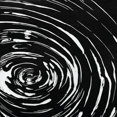 an abstract black and white painting with circles in the center, on a dark background