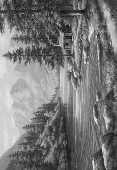 black and white drawing of people walking down a path in front of a mountain range