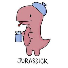 a pink dinosaur drinking out of a cup with the word jurasick on it