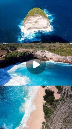 an aerial view of the beach and ocean with two small islands in the middle, one large