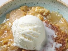 a close up of a bowl of food with ice cream