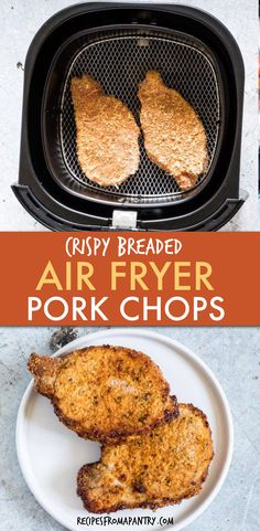 crispy breaded air fryer pork chops on a white plate with text overlay