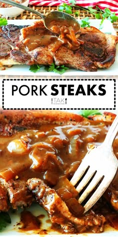 pork steaks with gravy on a white plate and a fork in it