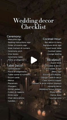 the wedding decor checklist is displayed in black and white, with candles lit up