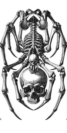 a drawing of a skeleton in the shape of a spider with two hands on it's back