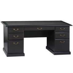 a black desk with three drawers and two pulls on the top, in front of a white background