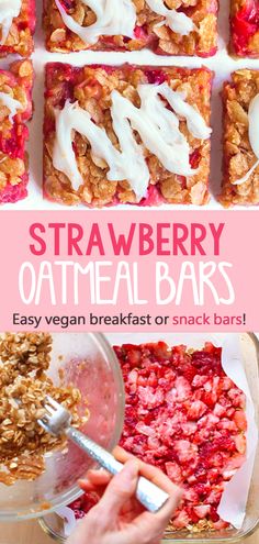 strawberry oatmeal bars with white icing on top